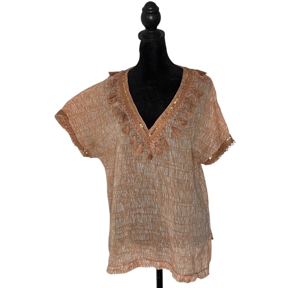 J. Crew Fringe Beaded V Neck Tunic Top Sea Grass Sequin Size 8 Resort Beach BOHO